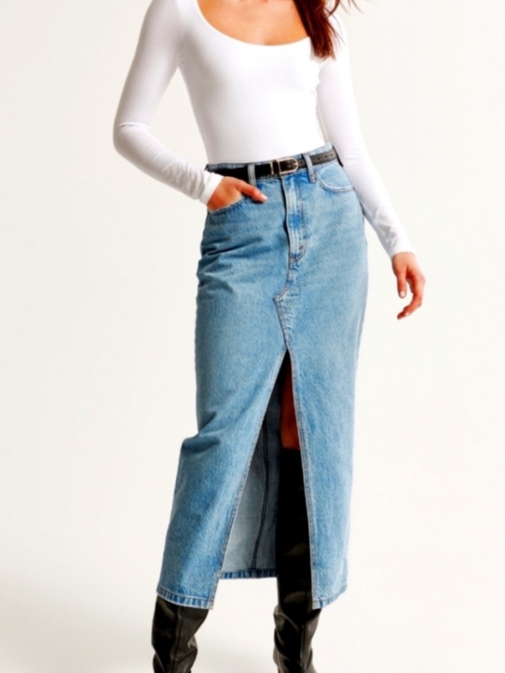 Abercrombie and Fitch Blue High-Waist Long Denim Skirt with Front Slit